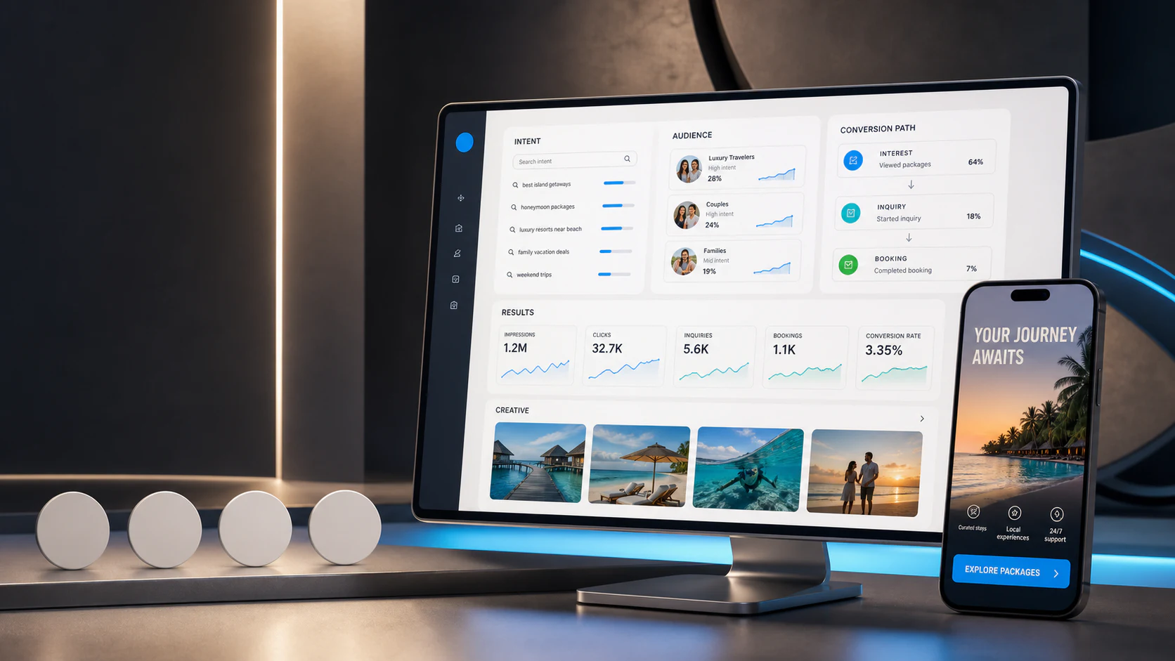 Advertising dashboard with intent, audience, conversion and creative views